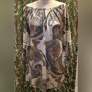 Paisley Print Dress with Lace Bell Sleeves